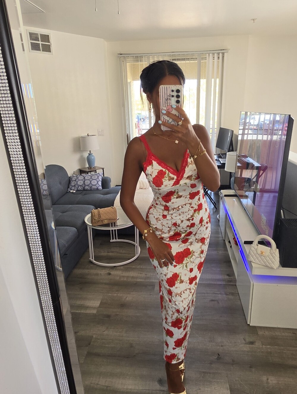 Floral Red and White Slip Midi Dress - Women - Picture 9 of 17